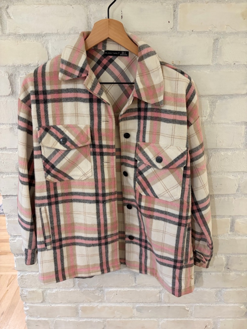 Black Tape Plaid Button-Front Oversized Shacket in Cream and Pink
(B4)